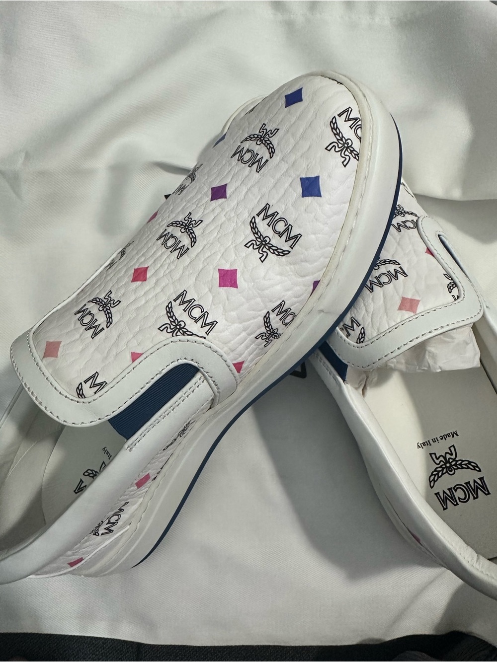 MCM White Leather Slip-On Sneakers with Rainbow Diamond Motif